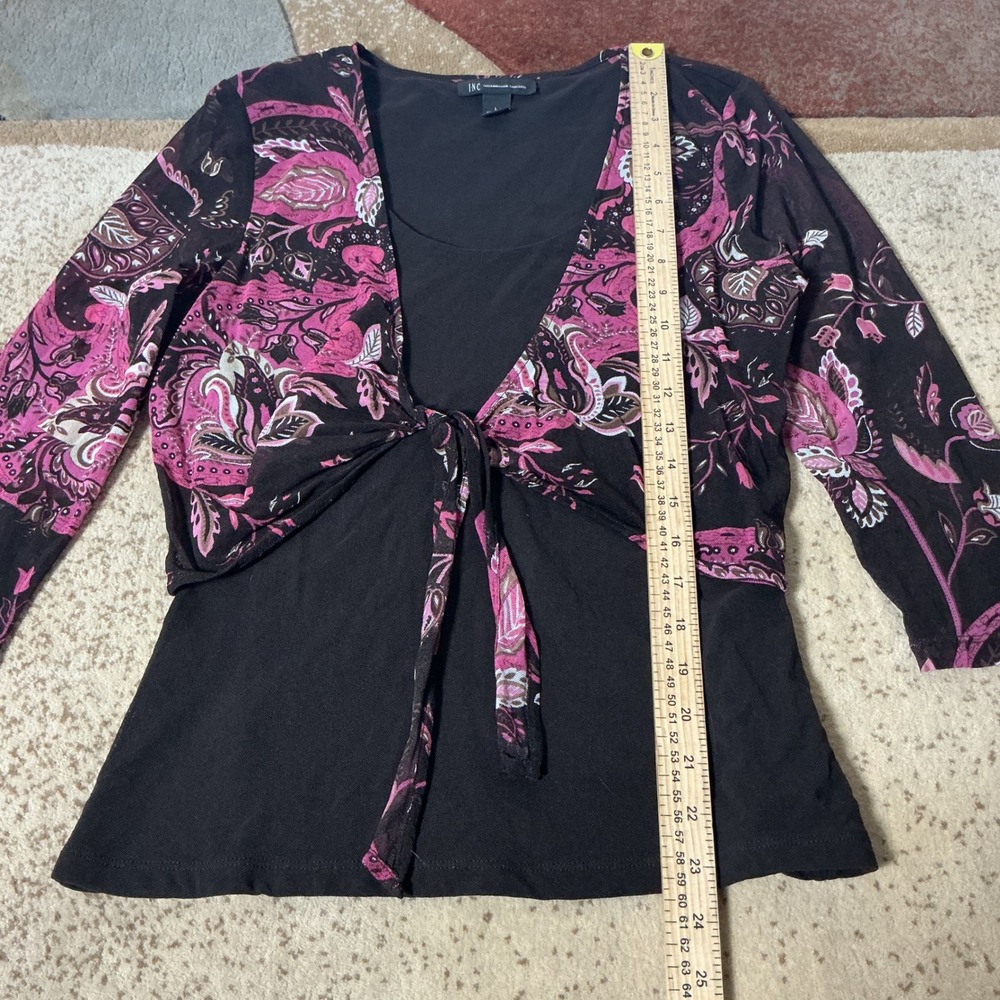 Y2K INC Womens L‎ Paisley Mesh Tie Front 2-in-1 Layered Black 3/4 Sleeve Top - Picture 2 of 5
